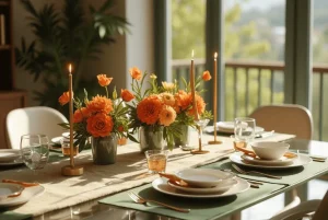 Mesa-posta-elegante-com-mini-vasos-decorativos-ao-centro-combinando-flores-delicadas-e-loucas-sofisticadas-em-harmonia