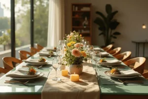 Talheres-prateados-e-guardanapos-de-linho-com-porta-guardanapo-artesanal-compondo-uma-mesa-posta-sofisticada.