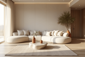 o encontro da luz e o sofa com linhas curvelinea e a arquitetura com linhas mais retas 