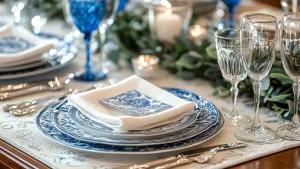 mesa posta azul e branco elegante