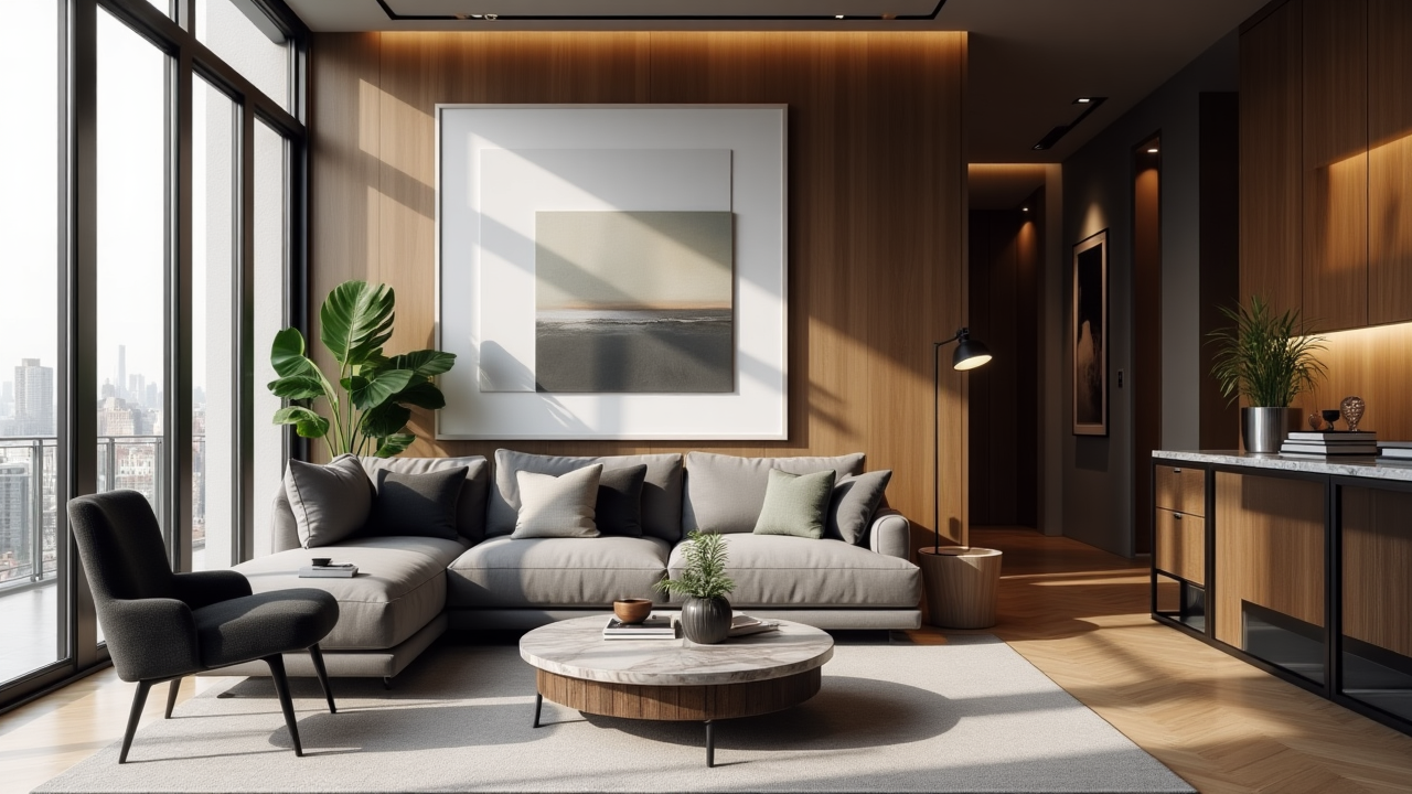 ambiente-contemporaneo-sofa-cinza-com-almofadas-cinza-escura-preta-e-cinza-claro-mesa-redonda-de-marmore-um-ambiente-bem-comospolita