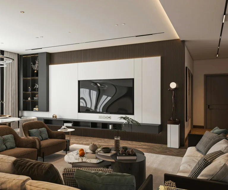 Home-theater-residencial-contemporaneo-com-painel-em-madeira-iluminacao-indireta-suave-sofa-aconchegante-e-integracao-entre-arquitetura-e-tecnologia.