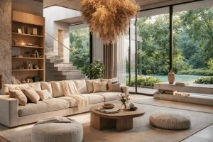 Sala-integrada-com-grandes-portas-de-vidro-e-vista-para-o-jardim.