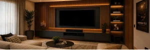 Home-theater-contemporaneo-integrado-a-sala-de-estar-com-painel-ripado-de-madeira-iluminacao-indireta-e-marcenaria-planejada