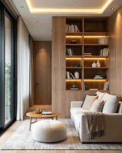 sala-pequena-com-estantes-verticais-e-aproveitamento-da-parede