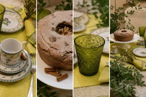 Colagem com detalhes de mesa posta com trilho português, bolo artesanal, louças delicadas, copo verde texturizado e elementos naturais.