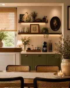 Cantinho-do-cafe-com-marcenaria-verde-cortina-de-rattan-porcelanas-decorativas-e-iluminacao-aconchegante