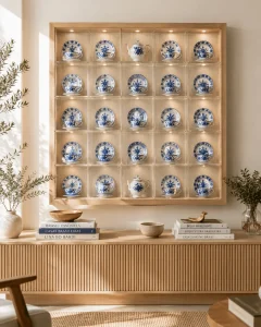 Colecao-de-xicaras-e-porcelanas-azuis-organizadas-em-nichos-de-acrilico-iluminados-sobre-aparador-de-madeira-clara