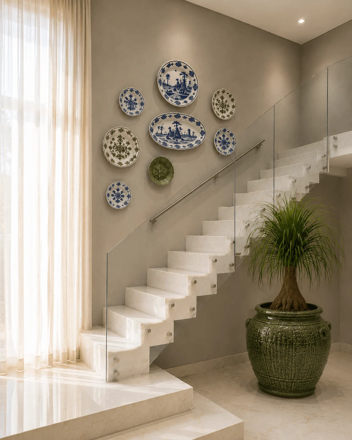 Escada-contemporanea-com-guarda-corpo-de-vidro-e-colecao-de-porcelanas-azuis-e-verdes-na-parede-combinando-arquitetura-moderna-vaso-vietnamita-e-decoracao-afetiva.