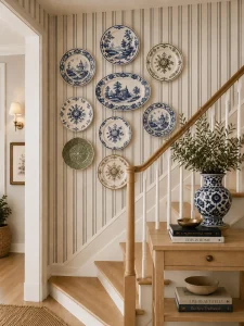 Escada-decorada-com-mistura-de-porcelanas-portuguesas-pratos-botanicos-e-pecas-de-colecionador-organizadas-em-composicao-organica-cheia-de-personalidade-e-memoria.