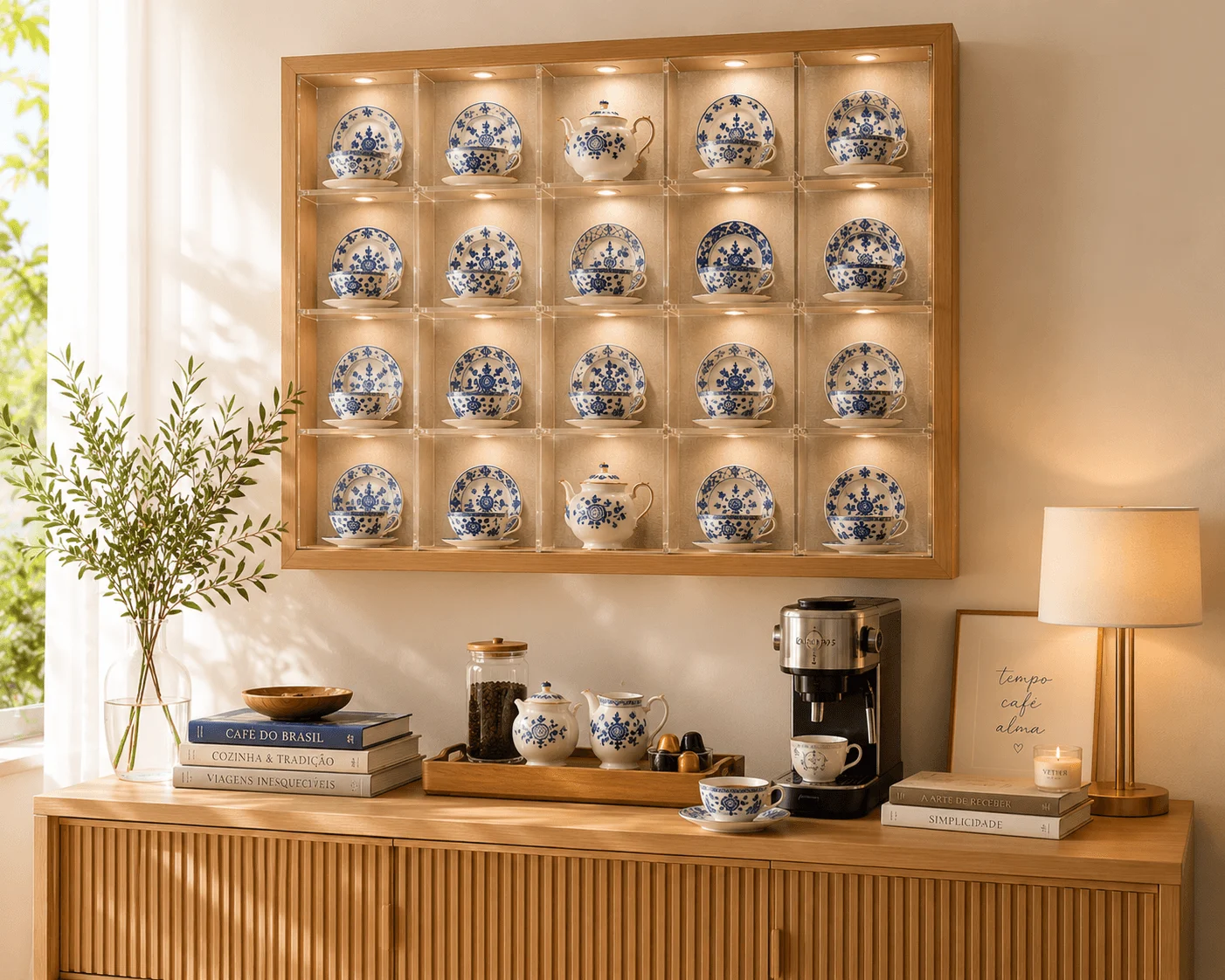 Painel-iluminado-com-colecao-de-porcelanas-azuis-e-brancas-acima-de-aparador-com-cantinho-do-cafe-em-ambiente-residencial-brasileiro
