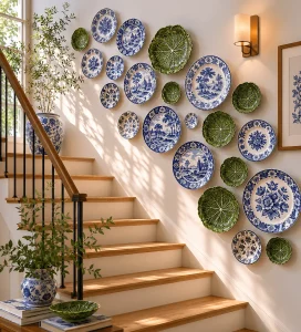 Parede-de-escada-decorada-com-pratos-azuis-e-verdes-em-composicao-vertical-criando-uma-galeria-de-porcelanas-que-integra-cor-colecao-e-arquitetura