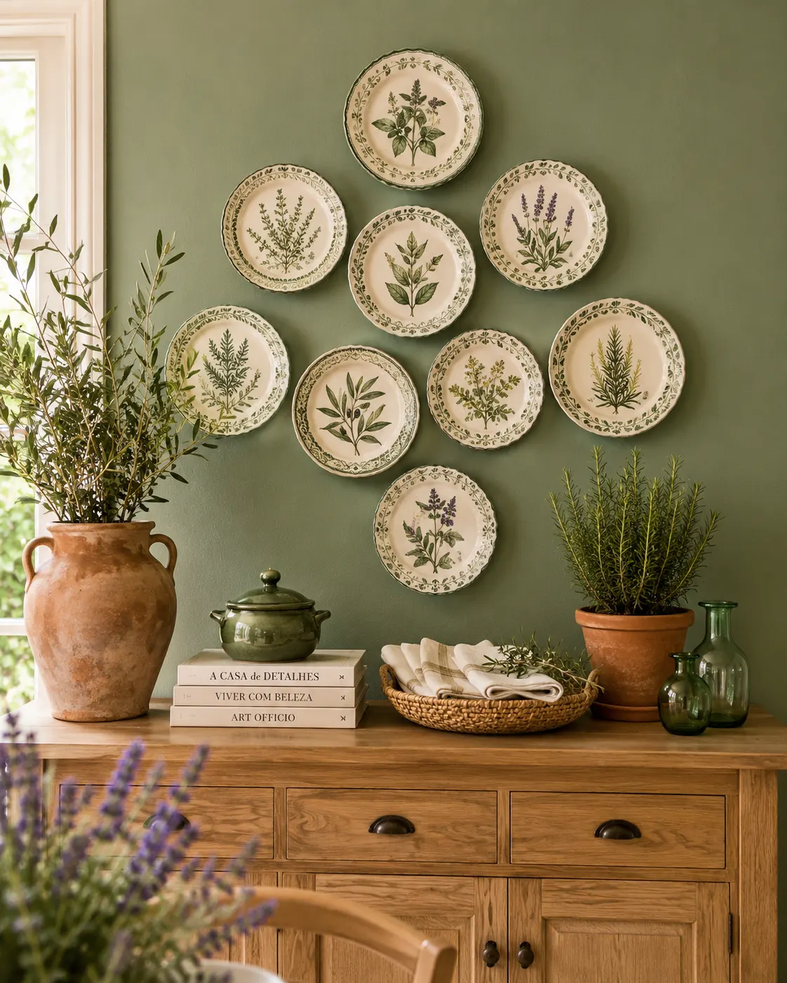 Pratos-decorativos-botanicos-organizados-sobre-parede-verde-salvia-acima-de-aparador-de-madeira-em-ambiente-inspirado-em-casas-de-campo-europeias