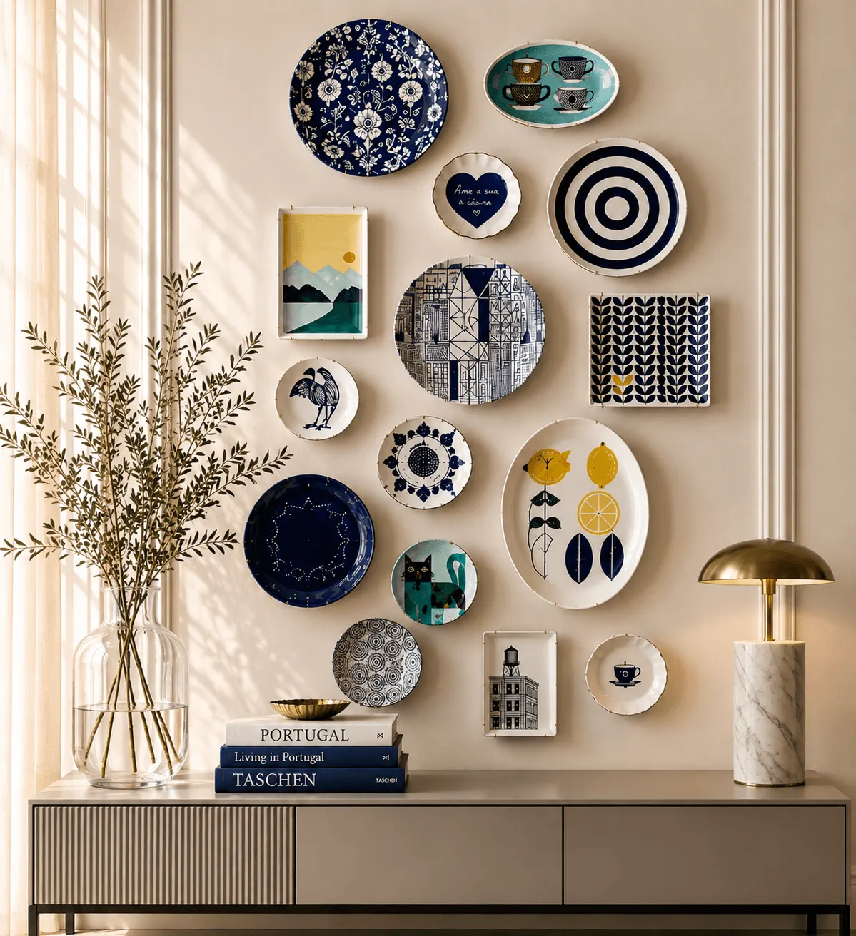 Pratos-decorativos-na-parede-em-composicao-contemporanea-com-porcelanas-azuis-pecas-graficas-vaso-de-vidro-com-folhagens-e-buffet-moderno-off-white
